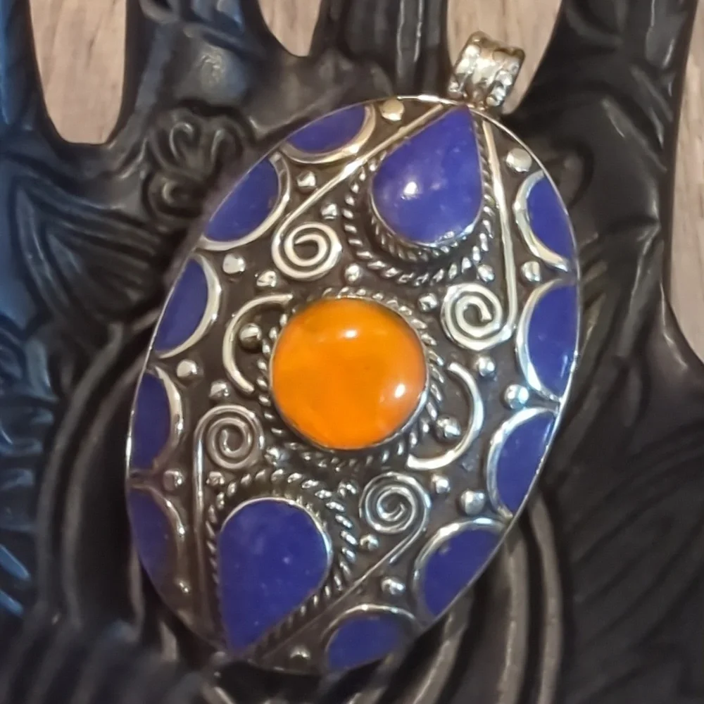 Tibetan Silver Lapis And Copal Pendant